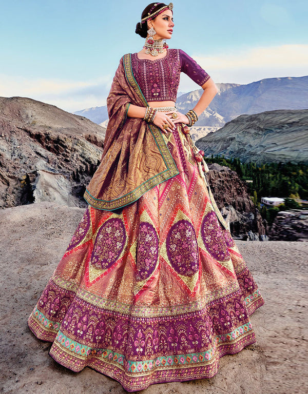 sleek purple pure gaji satin silk trendy designer party wear choli lehenga with purple banarasi jacquard silk lilots-2336-7206 Front View